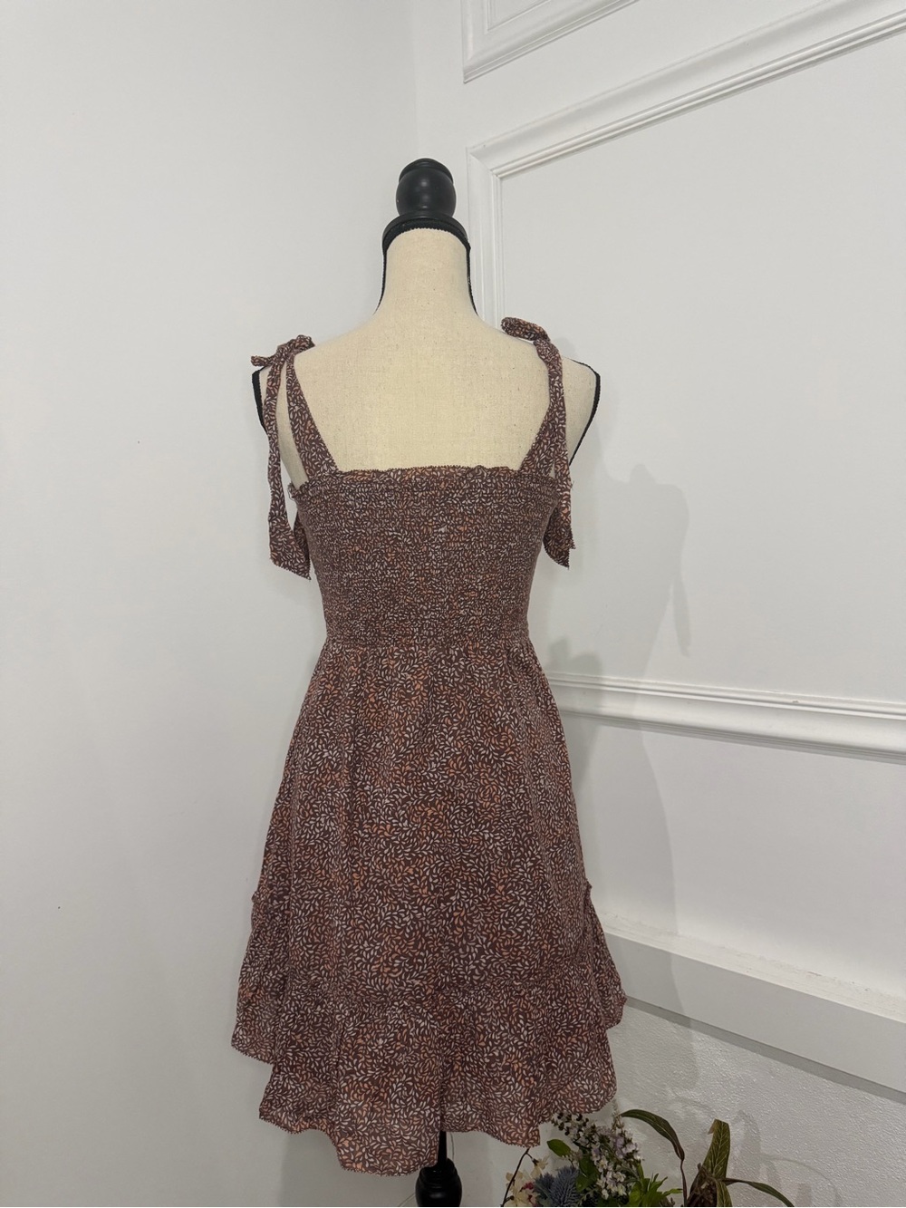 aerie Brown Floral Tie-Shoulder Smocked Mini Dress - Picture 2 of 4